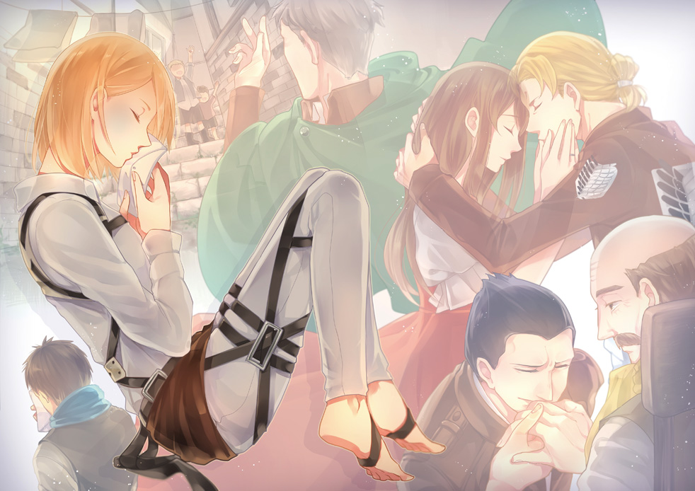 auruo_bossard, black_hair, blonde_hair, brown_hair, cape, closed_eyes, erd_gin, forehead-to-forehead