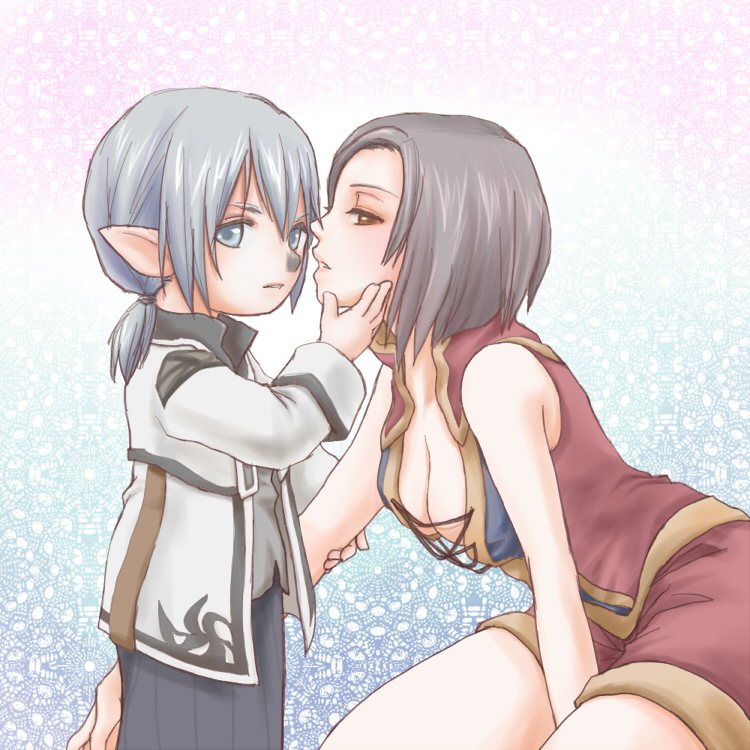 1boy, 1girl, between_legs, breasts, brown_eyes, brown_hair, cleavage, final_fantasy