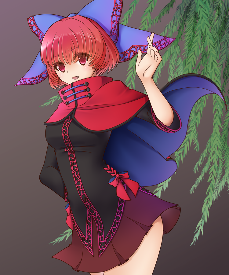 1girl, blush, bow, cape, fang, hair_bow, hayabusa_koi, long_sleeves