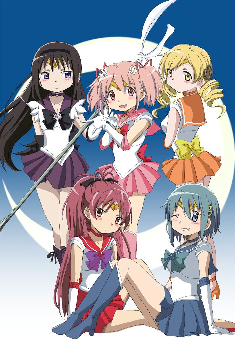 5girls, akemi_homura, bishoujo_senshi_sailor_moon, color_connection, cosplay, cresect, elbow_gloves, gloves, highres, kaname_madoka, mahou_shoujo_madoka_magica, miki_sayaka, moon, multiple_girls, rino-ichigo, sailor_chibi_moon, sailor_chibi_moon_(cosplay), sailor_mars, sailor_mars_(cosplay), sailor_mercury, sailor_mercury_(cosplay), sailor_saturn, sailor_saturn_(cosplay), sailor_senshi, sailor_senshi_(cosplay), sailor_venus, sailor_venus_(cosplay), sakura_kyouko, silence_glaive, tiara, tomoe_mami