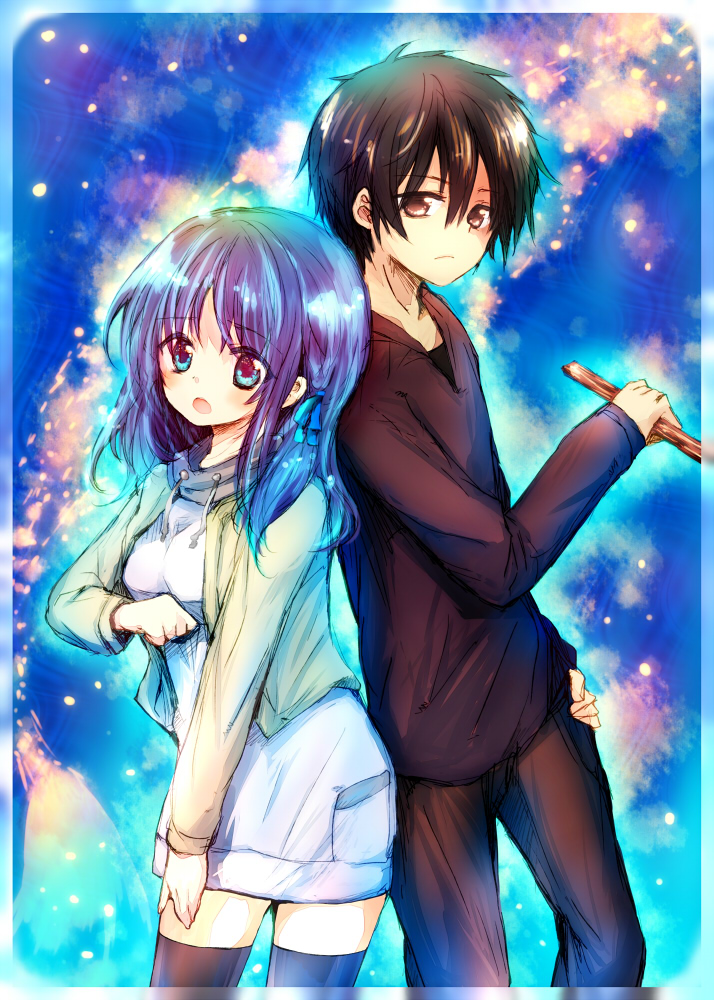 1boy, 1girl, black_eyes, black_hair, black_legwear, blue_eyes, blue_hair, dress