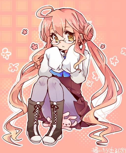 1girl, :<, ahoge, double_bun, flower, kantai_collection, long_hair, looking_at_viewer