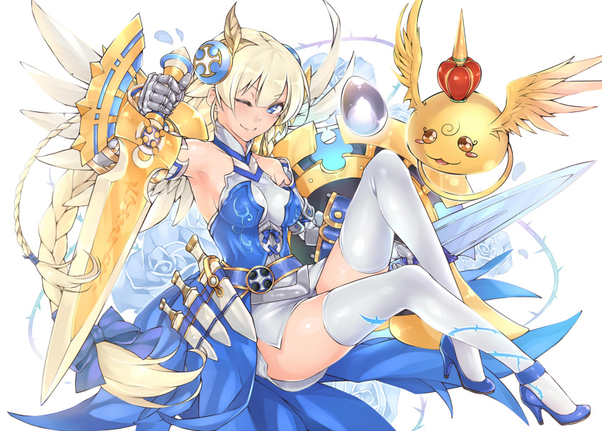 1girl, alternate_color, armpits, blonde_hair, blue_eyes, braid, egg, flower