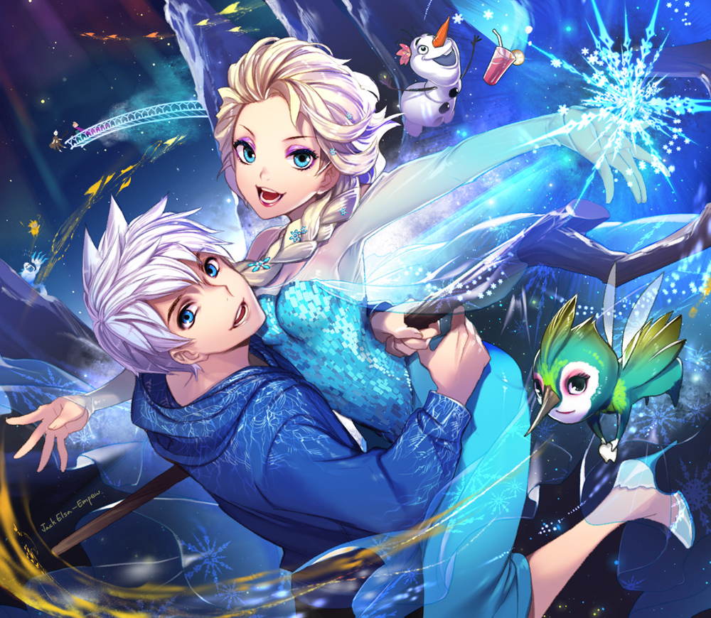 barefoot, blonde_hair, braid, crossover, dress, elsa_(frozen), empew, eyeshadow