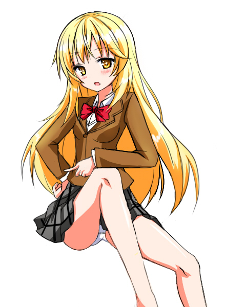 +_+, 1girl, blonde_hair, blush, long_hair, open_mouth, panties, pantyshot