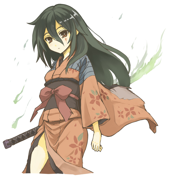 1girl, black_hair, blood, blood_on_face, brown_eyes, fire, green_fire, hair_between_eyes, ichi_hachi_rei_rei, japanese_clothes, katana, kimono, long_hair, looking_at_viewer, original, patches, simple_background, sword, torn_clothes, weapon, white_background