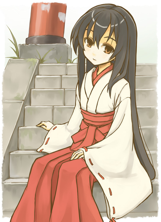 1girl, black_hair, blush, border, brown_eyes, hakama, ichi_hachi_rei_rei, japanese_clothes