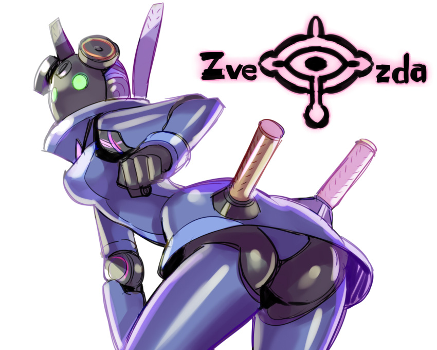 1girl, ass, copyright_name, from_behind, green_eyes, no_humans, roboko_(sekai_seifuku), robot