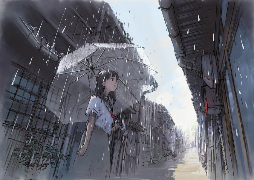 1girl, black_eyes, black_hair, highres, house, long_hair, original, profile