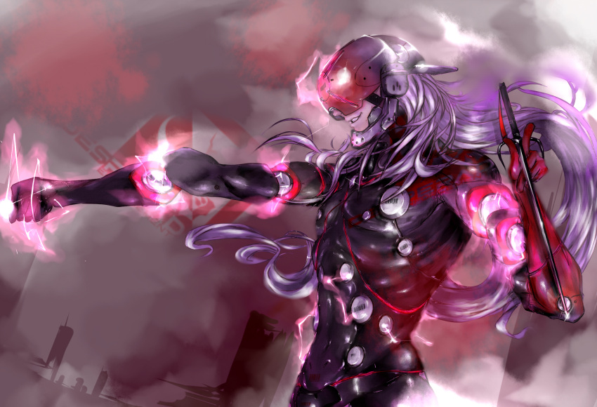 1boy, cyborg, disembodied_limb, electricity, highres, long_hair, magnet, metal_gear_rising:_revengeance