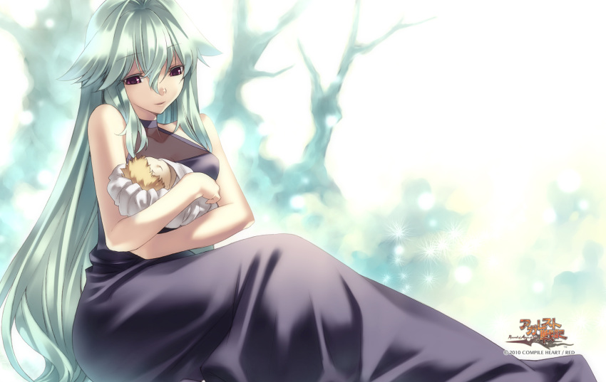 1girl, 2010, agarest_senki, agarest_senki_(series), baby, colored_eyelashes, company_name, copyright_name, dress, dyshana, green_hair, hair_intakes, highres, hirano_katsuyuki, long_hair, official_art, payot, sitting, smile, violet_eyes