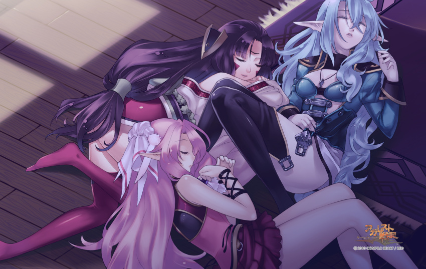 2010, 3girls, agarest_senki, agarest_senki_(series), black_legwear, brown_hair, closed_eyes, company_name