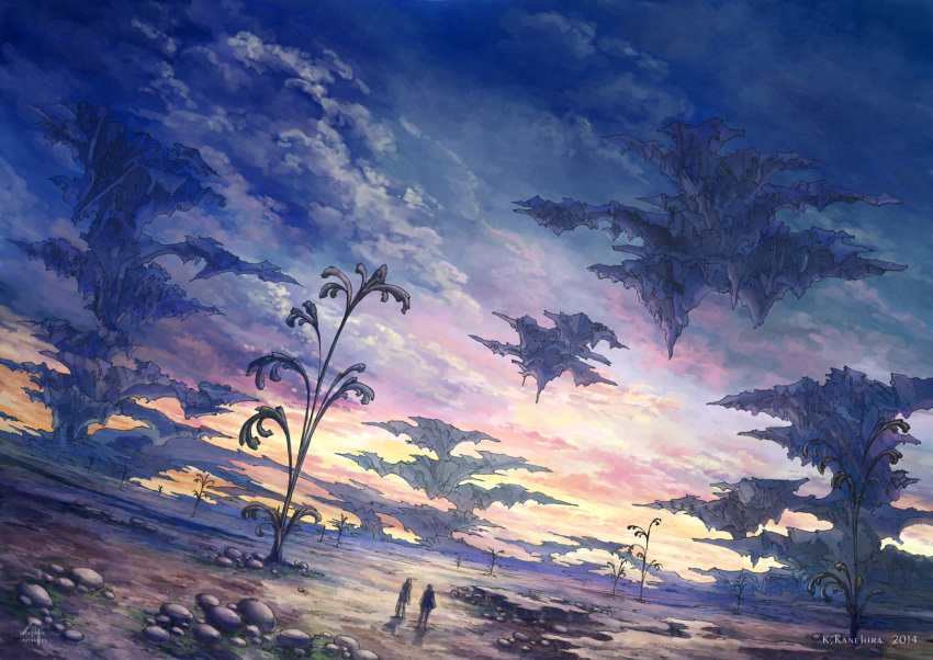 1boy, 1girl, artist_name, clouds, floating_island, highres, k_kanehira, landscape