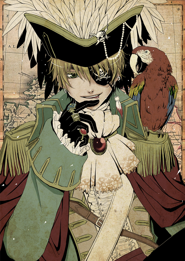 1boy, axis_powers_hetalia, bird, earrings, eyepatch, gloves, green_eyes, hat