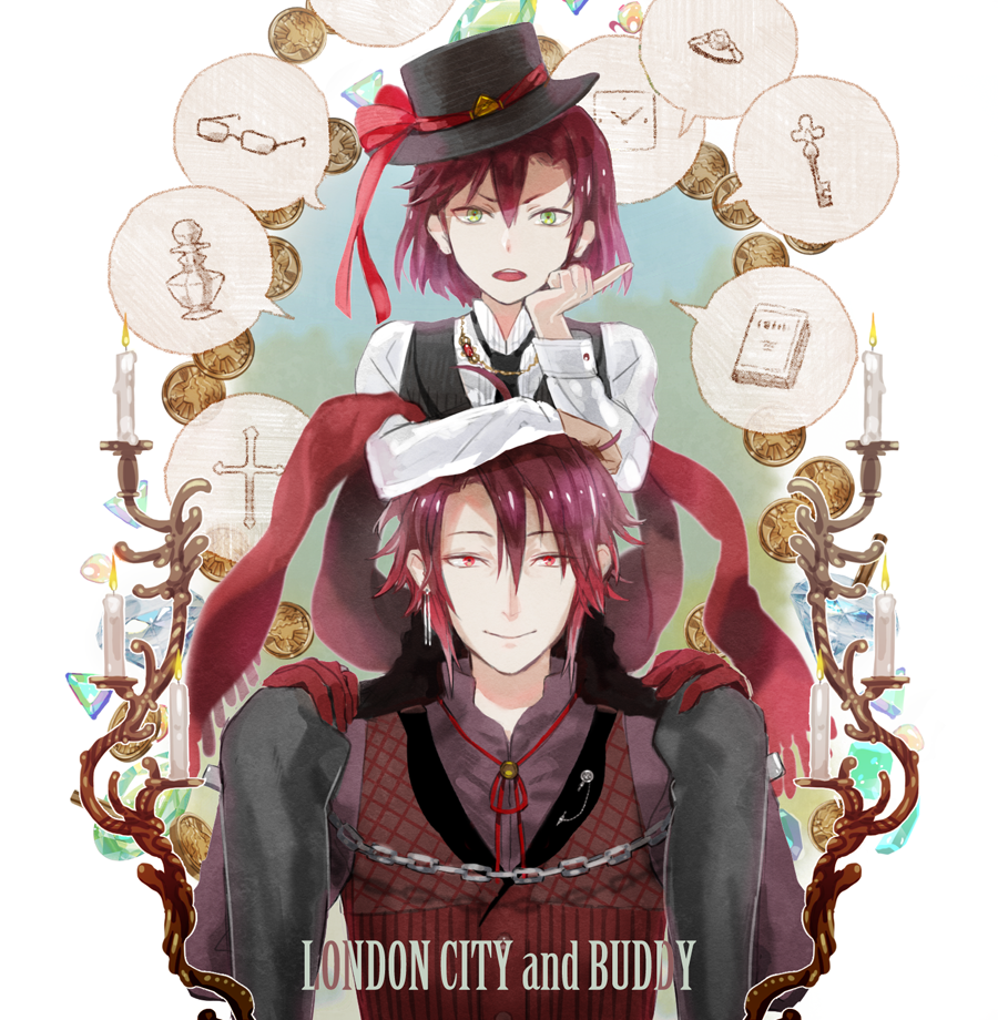 2boys, :>, bolo_tie, book, bottle, candle, copyright_name, cross, earrings, english, gianpiero, glasses, gloves, green_eyes, harold_j_albert, hat, hat_ribbon, jewelry, key, kuroi, london_city_and_buddy, multiple_boys, original, red_eyes, redhead, ribbon, ring, scarf, short_hair, smile, spoken_object