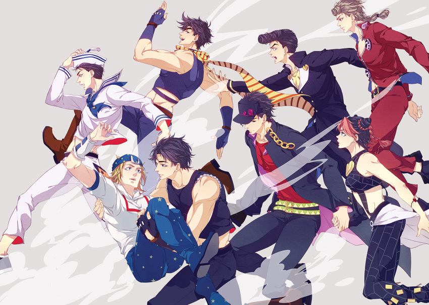 1girl, 6+boys, black_hair, blonde_hair, family, giorno_giovanna, hat, higashikata_jousuke