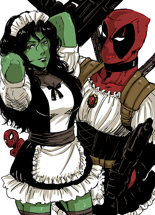 1girl, 2boys, alternate_costume, black_hair, bodysuit, deadpool, dual_wielding, enmaided
