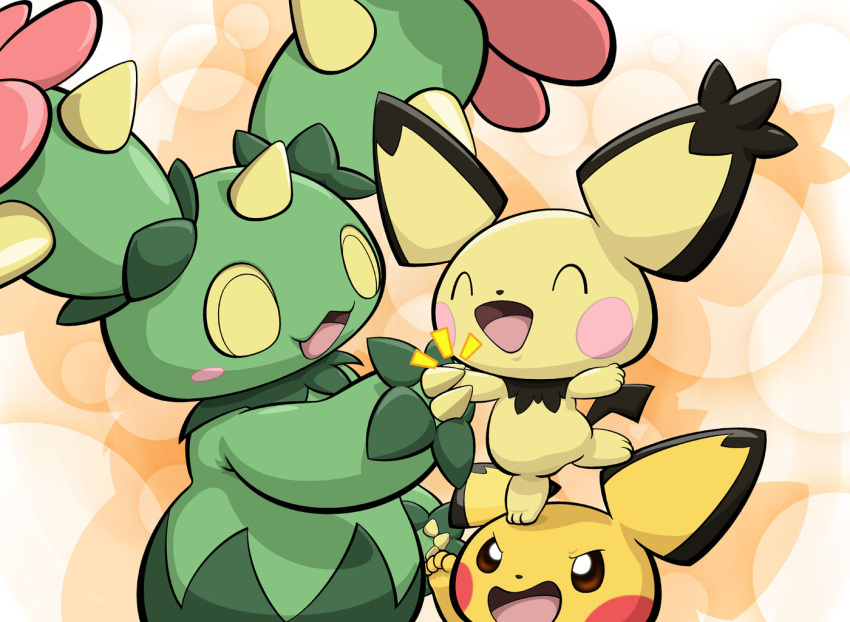 blush_stickers, brown_eyes, closed_eyes, flower, horn, maractus, open_mouth, pichu, pokemon, pokemon_(creature), pokemon_(game), pokemon_bw, smile, standing_on_head, ten_(ten_nekosupi), thorns, yellow_eyes