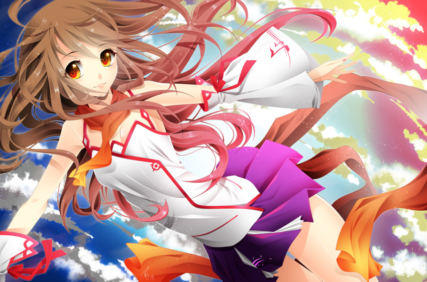 brown_eyes, brown_hair, detached_sleeves, kokone_(vocaloid), l-edogawa, long_hair, mismatched_sleeves, pleated_skirt, red_scarf, scarf, skirt, solo, vocaloid