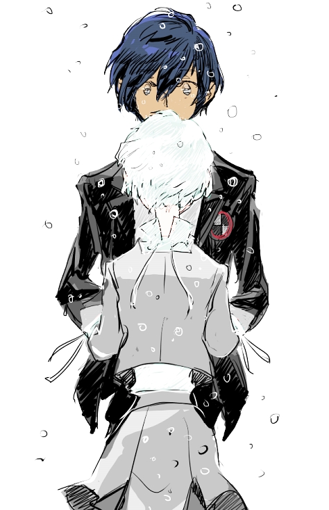 arisato_minato, back, blue_hair, height_difference, persona, persona_3, school_emblem, school_uniform