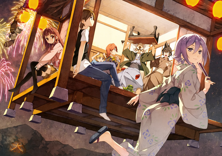 3girls, 4boys, :3, :o, absurdres, akadama-sensei_(uchouten_kazoku), benten-sama_(uchouten_kazoku), black_legwear, blonde_hair, bottle, brown_hair, cardigan, earrings, ebisugawa_ginkaku, ebisugawa_kaisei, ebisugawa_kinkaku, epaulettes, fireworks, flying, frog, haori, highres, huge_filesize, japanese_clothes, jewelry, kantoku, kimono, lantern, lavender_hair, mother_(uchouten_kazoku), multiple_boys, multiple_girls, night, night_sky, no_shoes, no_socks, obon, old_man, open_mouth, sakazuki, sake_bottle, sandals, shimogamo_yaichirou, shimogamo_yajirou, shimogamo_yasaburou, shimogamo_yashirou, shorts, sky, tanuki, thighhighs, uchouten_kazoku, yukata