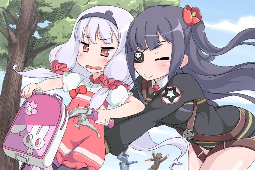 1boy, 2girls, aiai_(jsm), belt, bicycle, blouse, eyepatch, flower, hair_flower, hair_ornament, hoshimiya_kate, long_hair, military, military_uniform, multiple_girls, pants, plamja-sama, red_eyes, roboko_(sekai_seifuku), robot, rocket_punch, running, scrunchie, sekai_seifuku:_bouryaku_no_zvezda, shikabane_itsuka, side_ponytail, silver_hair, smile, tree, uniform, yasu_(sekai_seifuku)