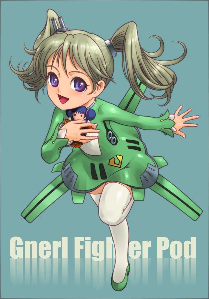 1girl, alien, blue_eyes, choujikuu_yousai_macross, cosplay, doll, dress, emblem, giantess, gnerl, green_hair, looking_at_viewer, lynn_minmay, macross, meltrandi, military, military_uniform, otaku, parody, personification, science_fiction, space_craft, starfighter, thighhighs, uniform, zentradi