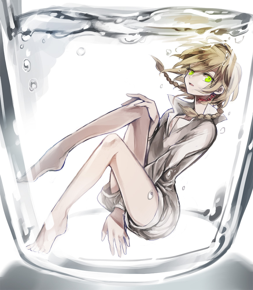 1boy, barefoot, blonde_hair, braid, eim_(gaziko), glass, green_eyes, long_hair