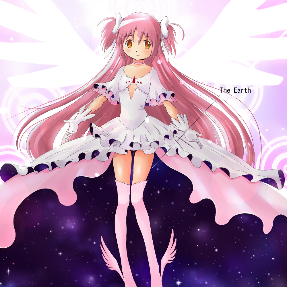 1girl, boots, bow, cleavage_cutout, dress, english, goddess_madoka, hair_bow