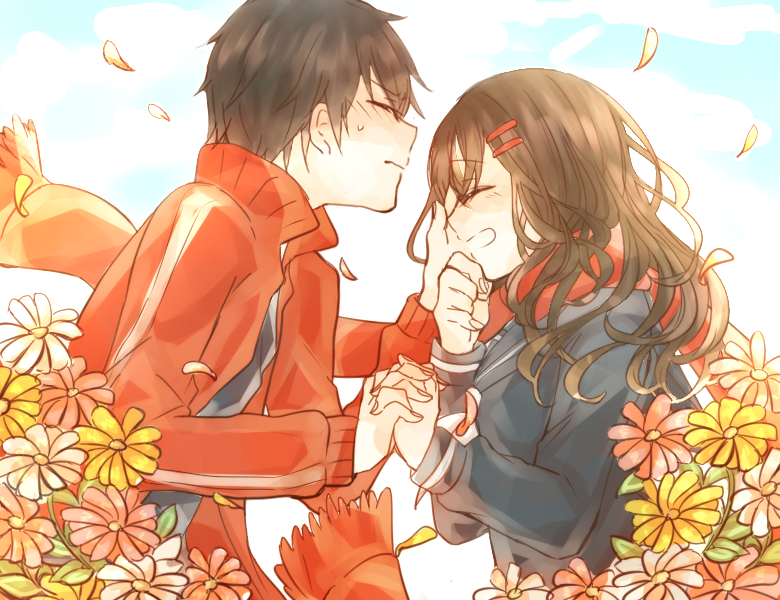 1boy, 1girl, brown_hair, closed_eyes, couple, flower, hair_ornament, hairclip