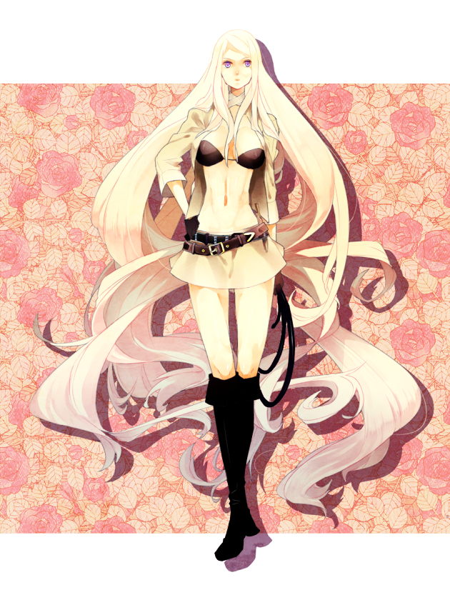 1girl, 4tew, absurdly_long_hair, belt, bishamonten_(noragami), blonde_hair, boots, breasts