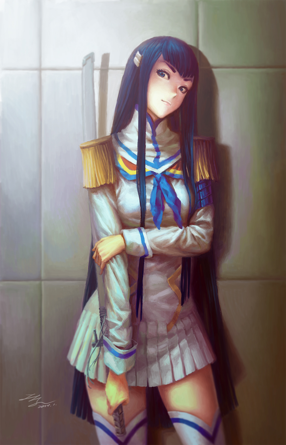 1girl, blue_eyes, blue_hair, epaulettes, highres, junketsu, katana, kill_la_kill
