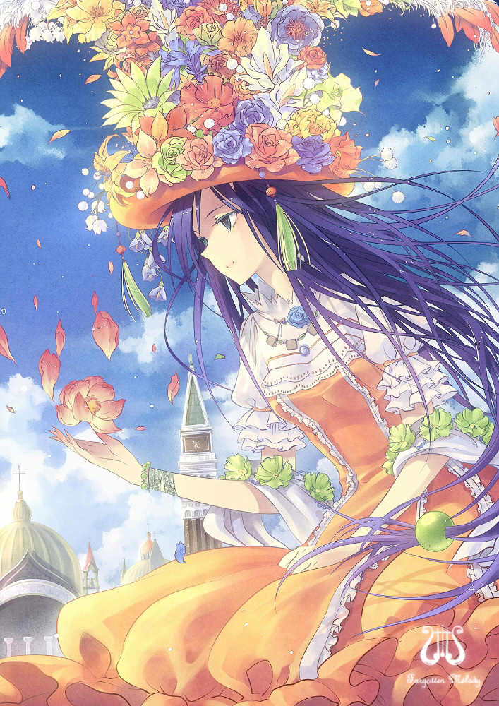 eternita, flower, hat, kieta, long_hair, petals, priscilla_(eternita), purple_hair