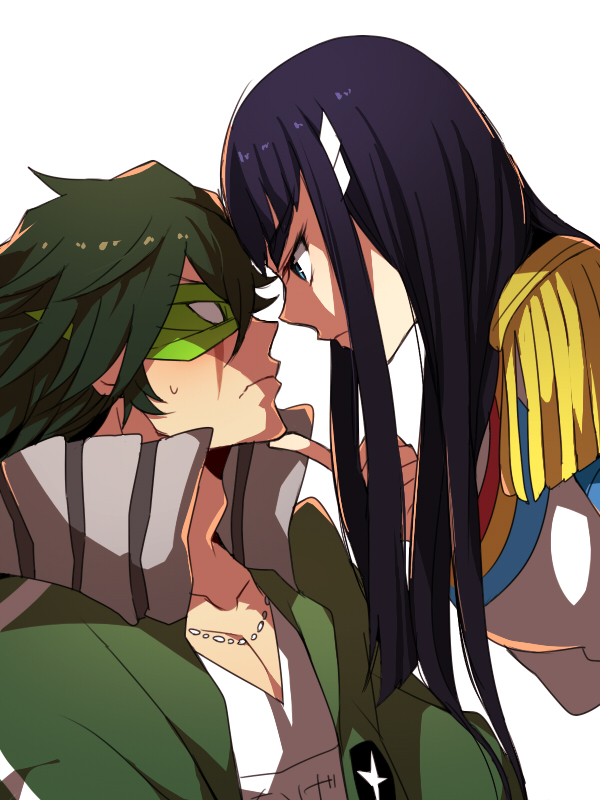 1boy, 1girl, black_hair, blue_eyes, eye_contact, frown, green_hair, jacket