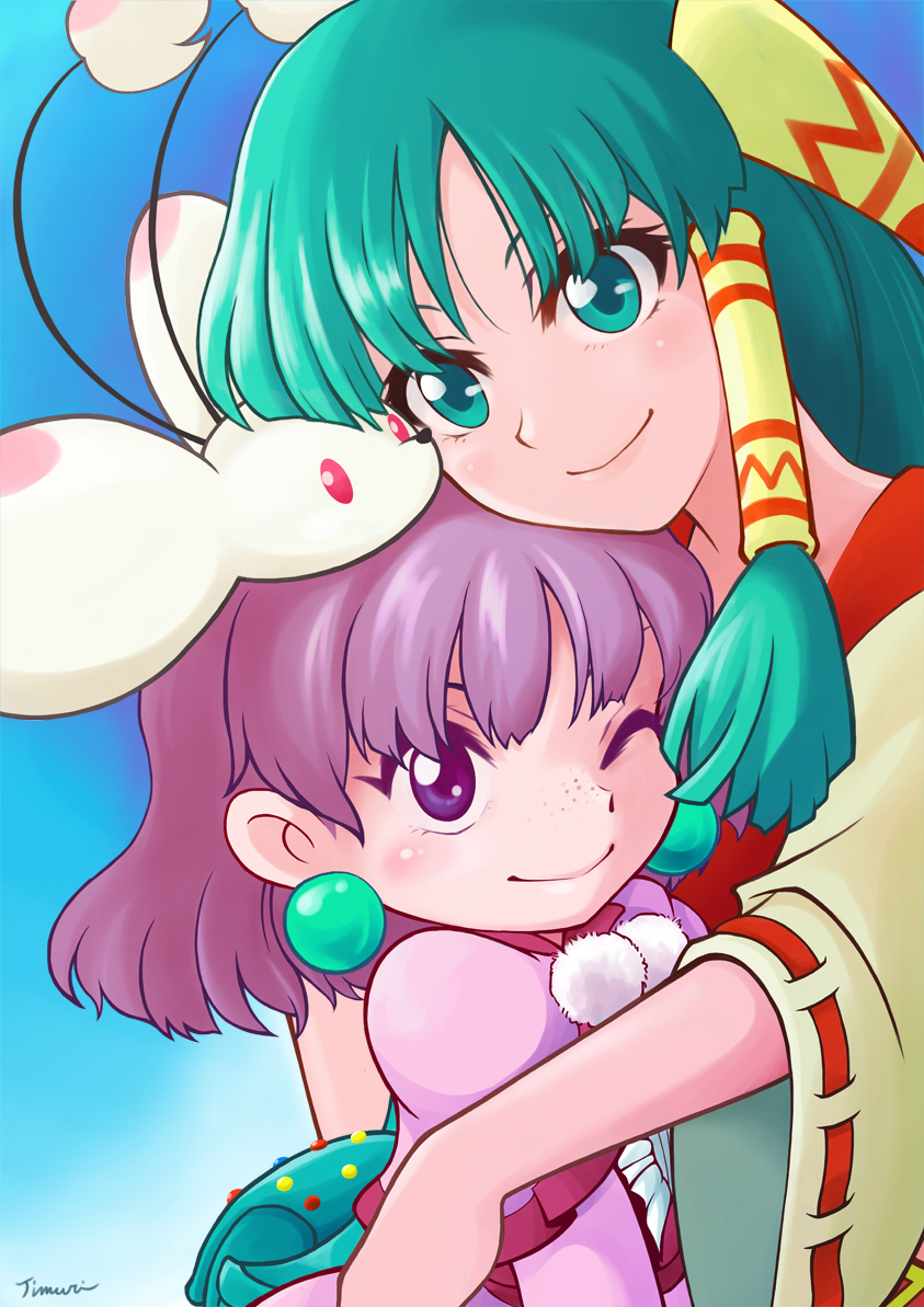 2girls, blue_background, blush, creature, feena, freckles, grandia, grandia_i