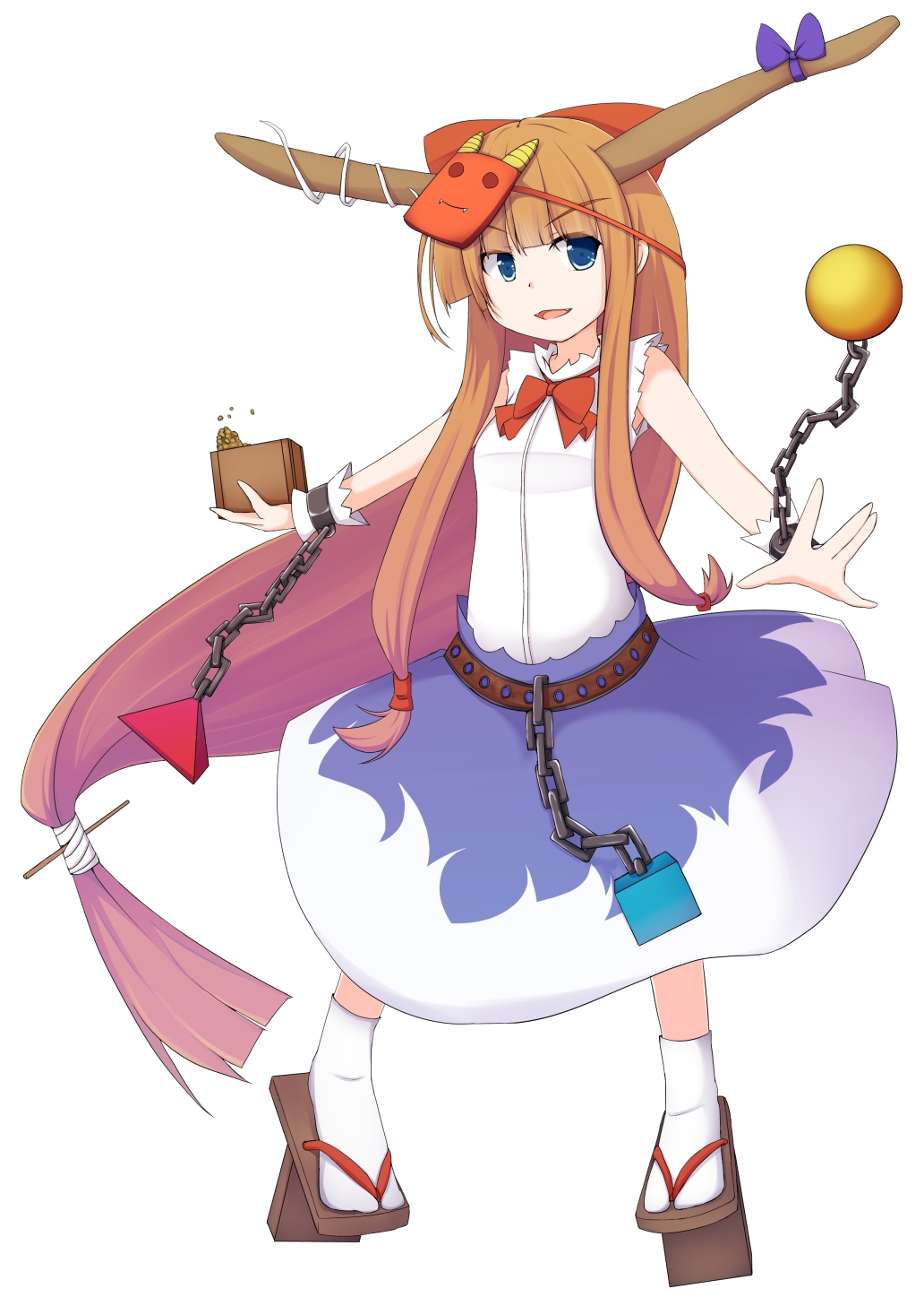 1girl, absurdly_long_hair, blue_eyes, brown_hair, chain, geta, haruto_(hirokazu1001), highres