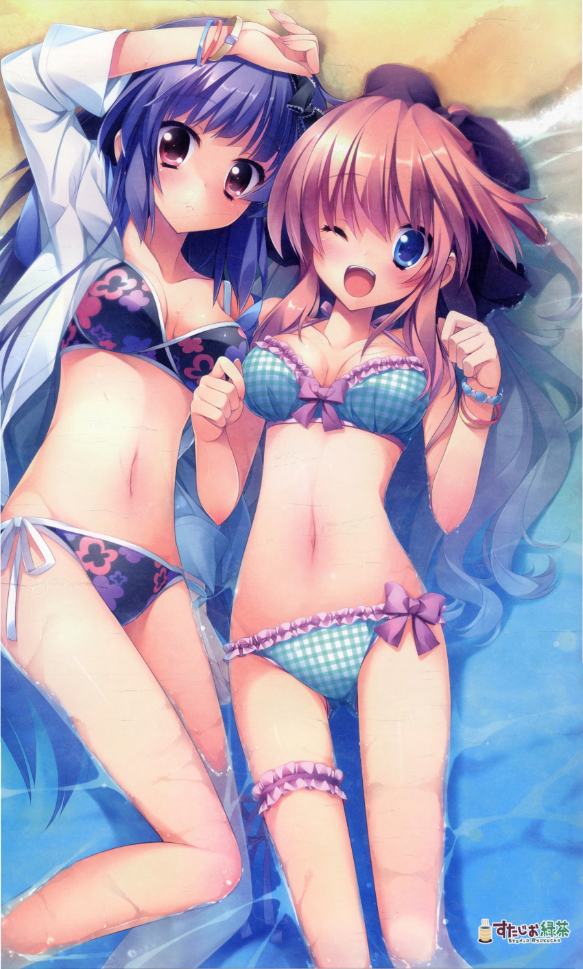 2girls, ;d, absurdres, arm_up, beach, bikini, black_bikini, blue_bikini