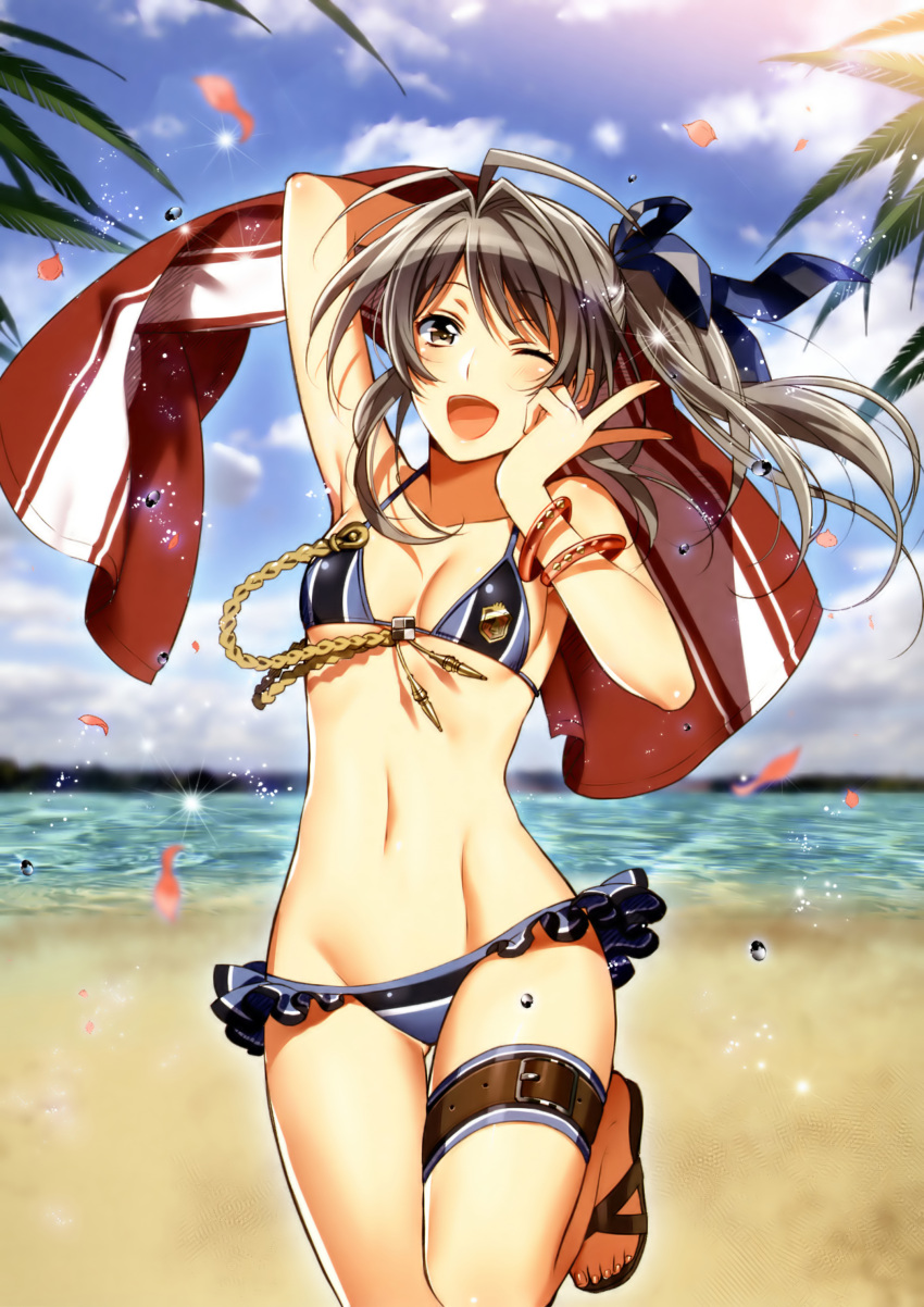 1girl, ;d, absurdres, ahoge, arm_up, bare_shoulders, beach, bikini