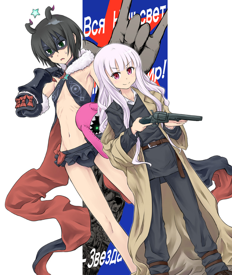 2girls, antenna_hair, bangs, bare_shoulders, belt, black_hair, blunt_bangs, blush