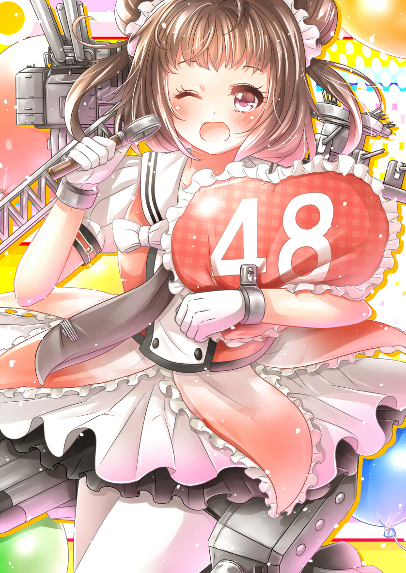1girl, alternate_legwear, antenna_hair, balloon, blush, brown_eyes, brown_hair, cannon