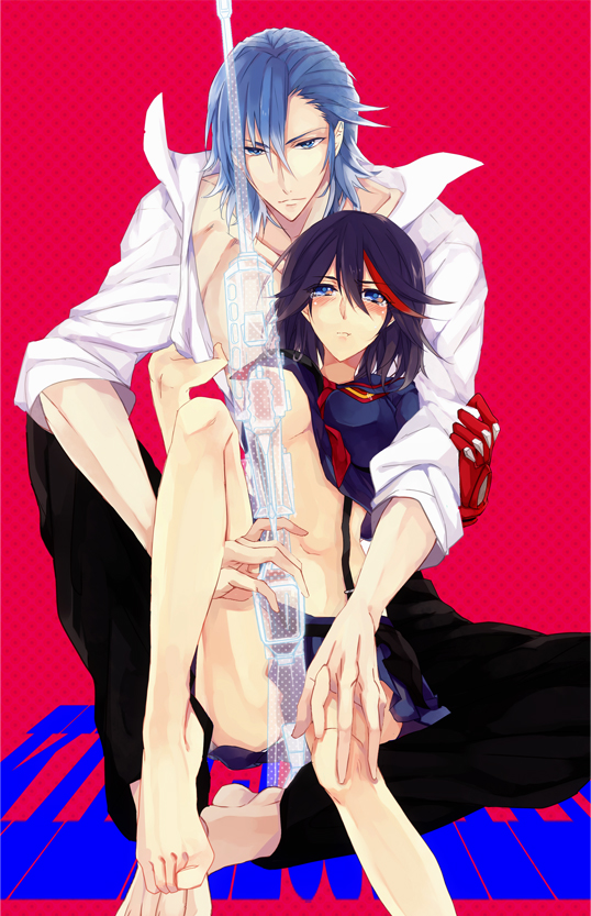 1boy, 1girl, 9tsumura, arm_grab, bare_legs, barefoot, black_hair, blue_eyes