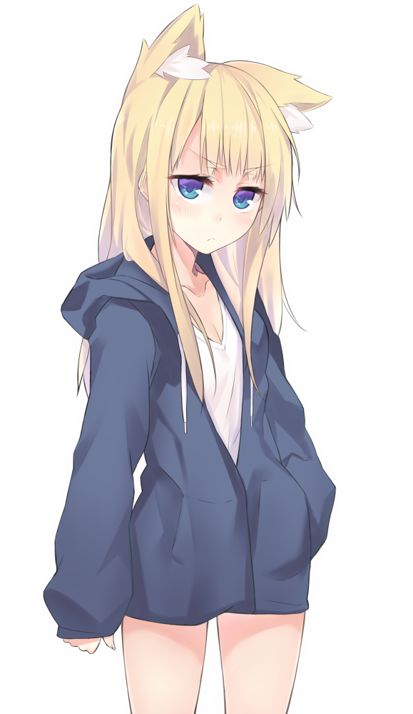 1girl, animal_ears, blonde_hair, blue_eyes, blush, cowboy_shot, hand_in_pocket, hoodie