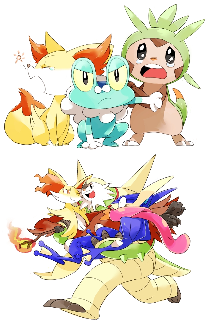 ban_(3551702), chesnaught, chespin, crying, delphox, fennekin, froakie, greninja, no_humans, pokemon, pokemon_(creature), pokemon_(game), pokemon_xy, protecting, surprised, white_background, wink, yawning