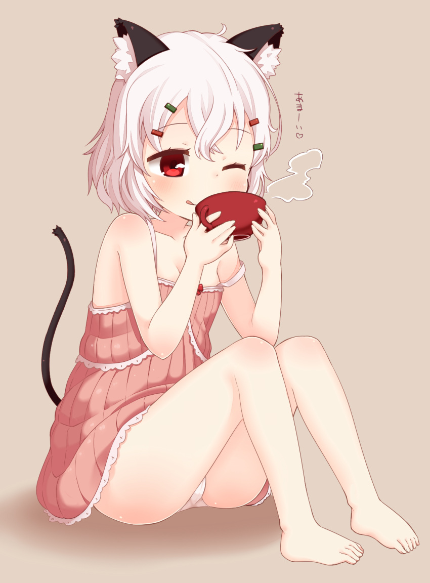 1girl, ;q, animal_ears, barefoot, blush, cat_ears, cat_tail, cup