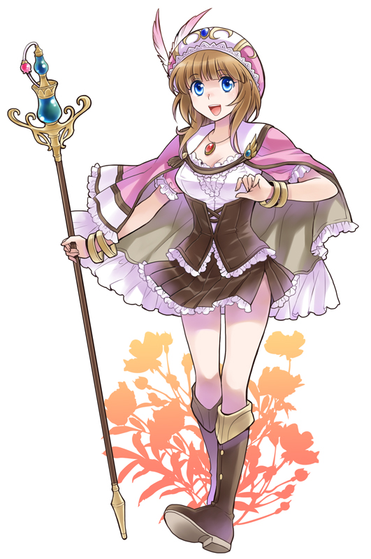 1girl, atelier_(series), atelier_rorona, blue_eyes, boots, brown_dress, brown_hair, capelet