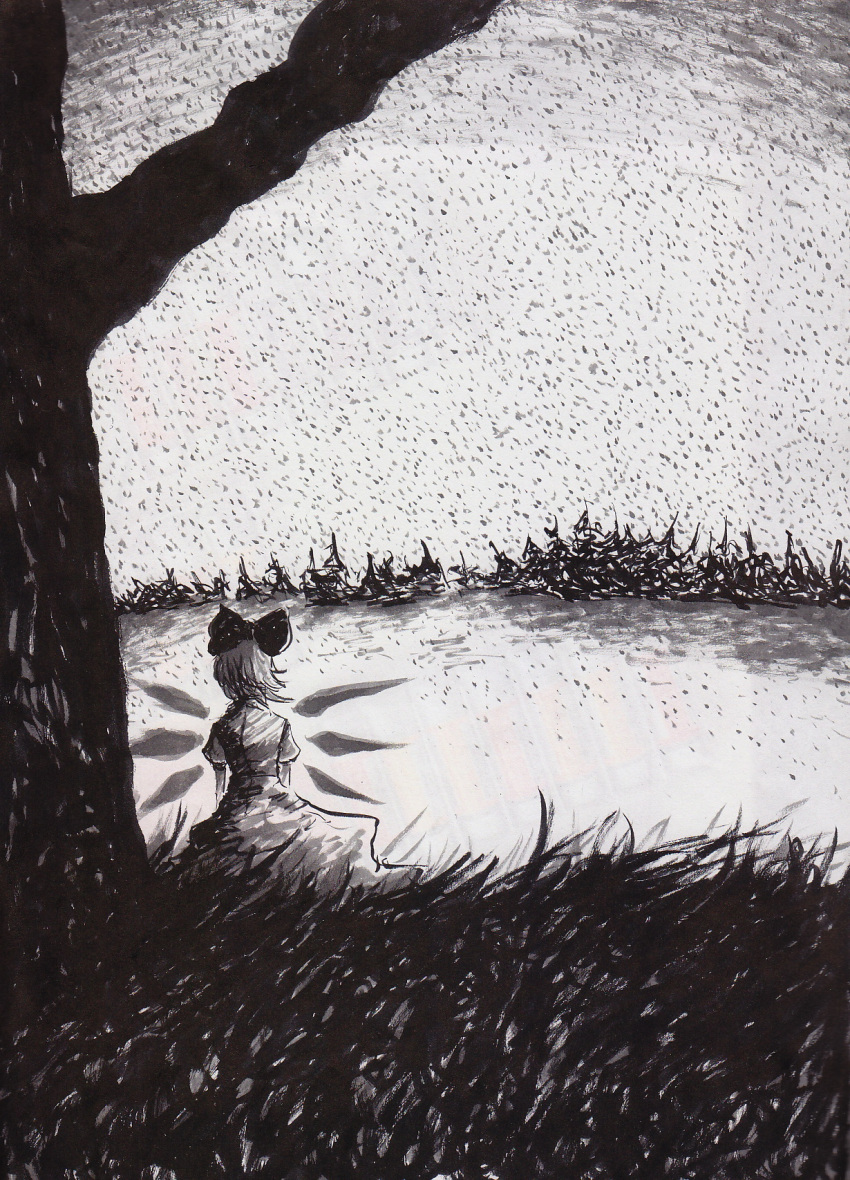 back, bad_id, brush_(medium), cirno, highres, let, monochrome, nature