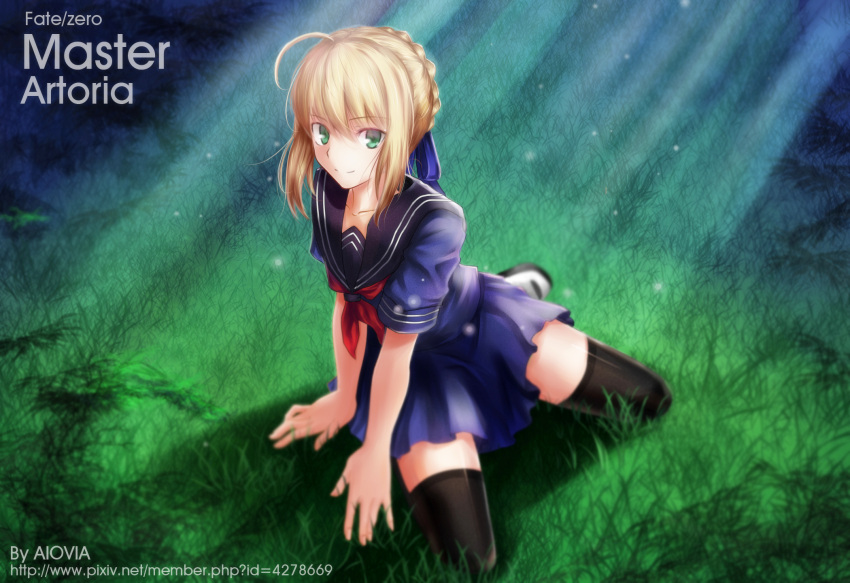 1girl, ahoge, artist_name, black_legwear, blonde_hair, dress, fate/zero, fate_(series), field, green_eyes, hair_ribbon, highres, kneeling, lawliert, looking_at_viewer, ribbon, saber, school_uniform, serafuku, smile, solo, thighhighs, watermark, web_address, what_if