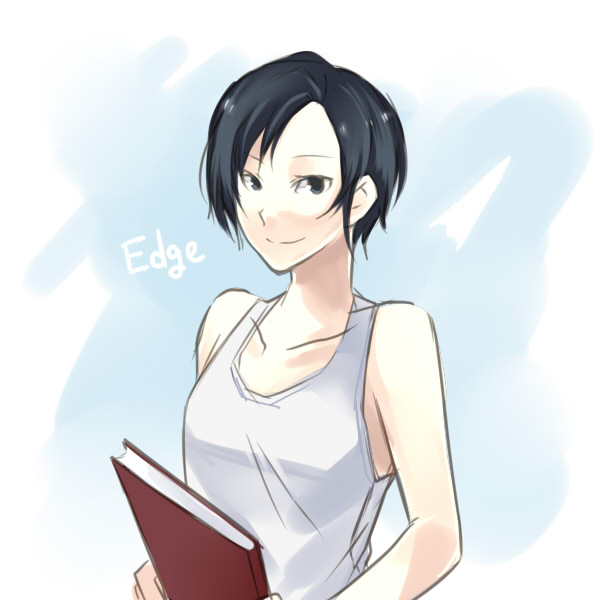 1girl, ace_combat, ace_combat_5, bare_shoulders, black_eyes, black_hair, book, character_name, kei_nagase, mimura_tokusa, short_hair, smile, solo, tank_top