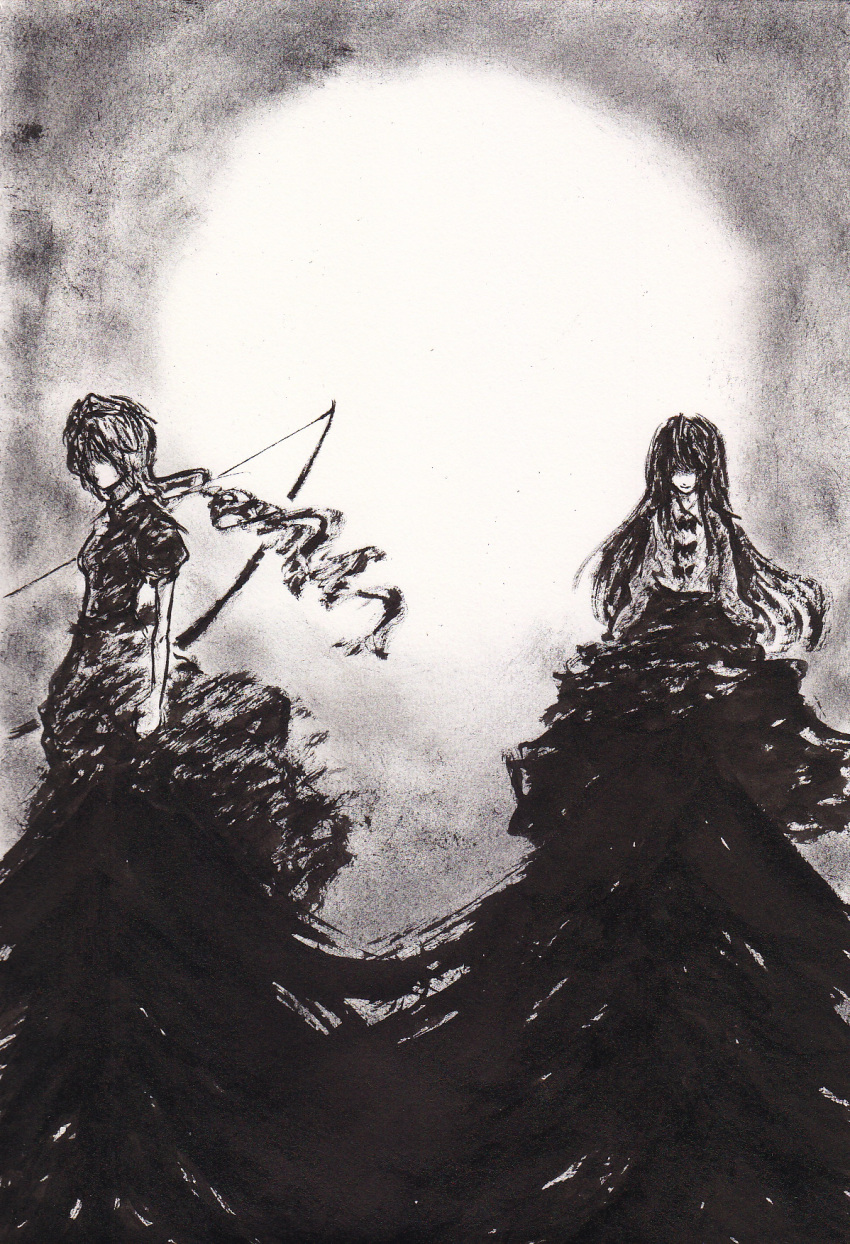 bow, brown, brush_(medium), highres, houraisan_kaguya, let, monochrome, moon, multiple_girls, touhou, traditional_media, yagokoro_eirin