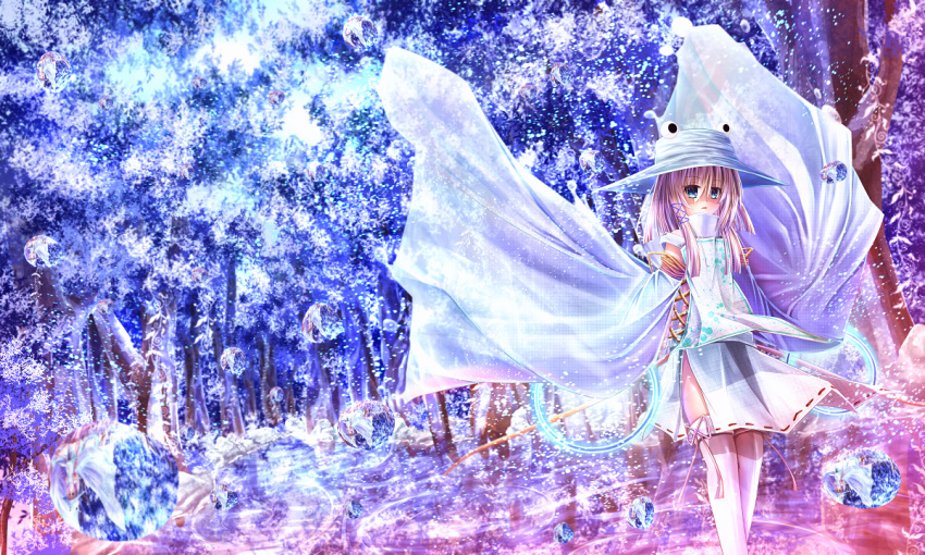 1girl, alternate_costume, alternate_hair_color, blue_eyes, detached_sleeves, forest, hair_ribbon, hat
